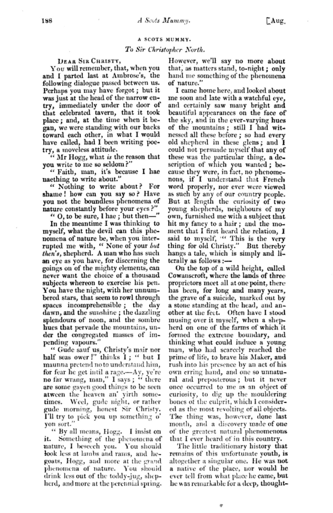 Page 1 of a letter entitled "A Scots Mummy", addressed to Sir Christopher North, from James Hogg, and published in Blackwood's Magazine in August 1823. Unfortunately the text of the letter is too long to reproduce in alt-text