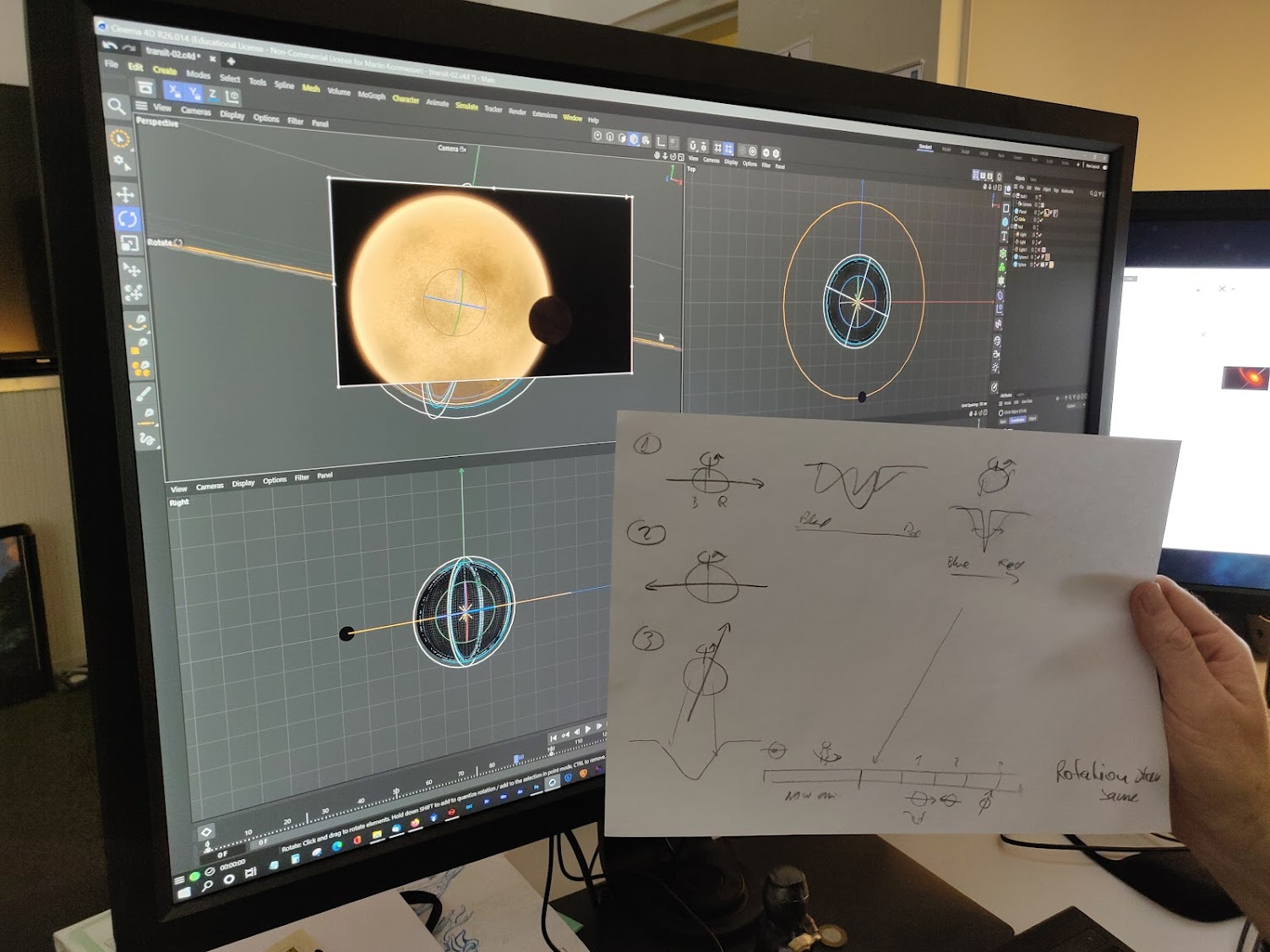 A person – only his hand is in the photo – is holding a white sheet of paper with some doodles showing various circles, arrows and numbers indicating a sequence of events. Behind the sheet of paper there is a large computer monitor showing a 3D modeling program where the contents of the sheet of paper are implemented in a more elaborate way. The screen shows a planet crossing in front of a large yellow star, as seen from different orientations.