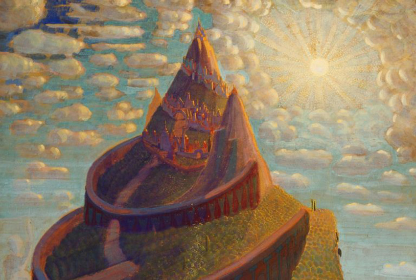 An oil painting of a very steep mountain with a castle on top. Walls and paths wind up and around and the sky is a light blue with many small clouds drifting by and a bright sun shining out.