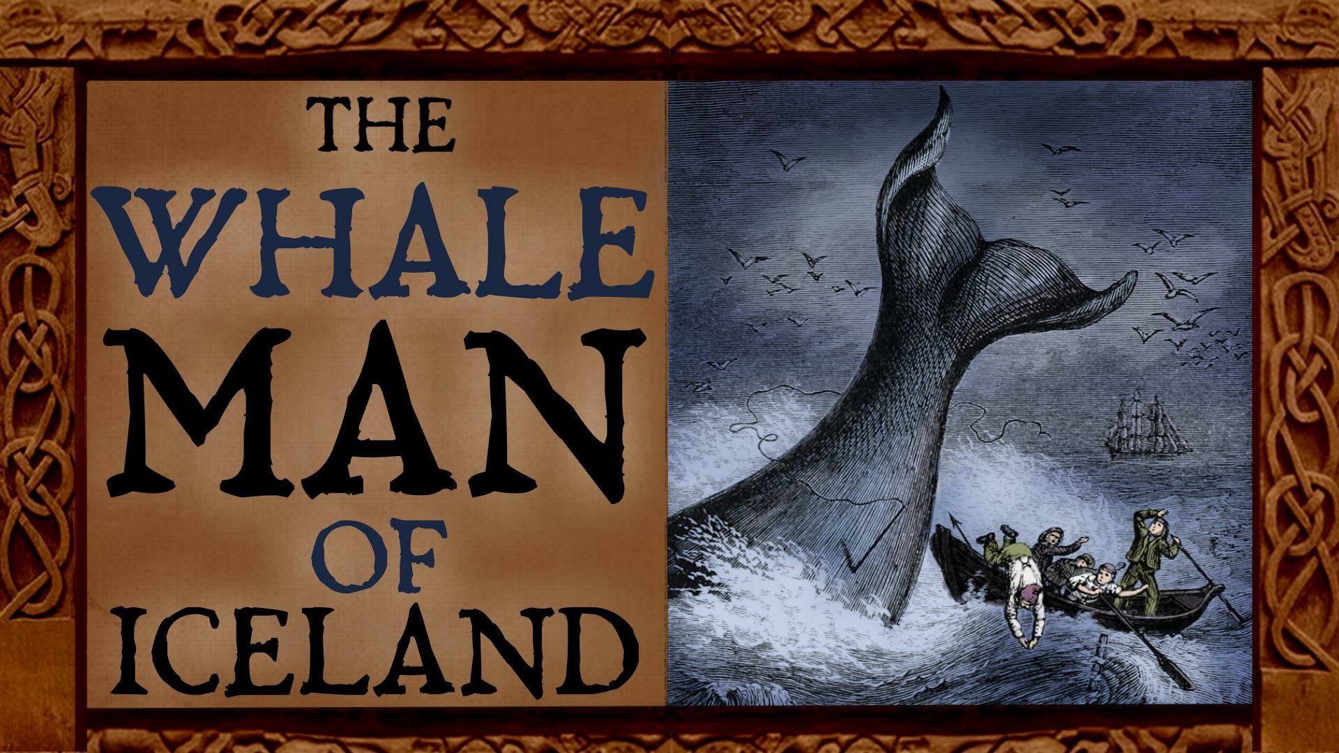 A storybook-style drawing of a breaching whale's tail flipping a rowboat filled with sailors attempting to harpoon the animal. Overlaid Text: The Whale Man of Iceland