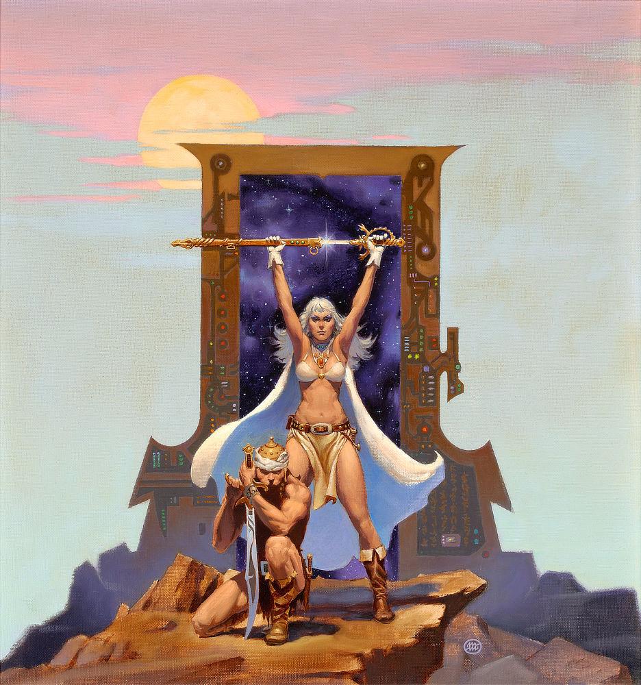 Morgaine stands triumphantly with arms stretched overhead as she draws a gleaming sword from sheath. A gate frame her from behind. The central portal is filled with a field of stars and the outer edge of the gate is patterned with futuristic circuitry. On one knee before Morgaine, a warrior grips the handle and crossguard of a curved sword with the tip of the blade planted in the ground.
