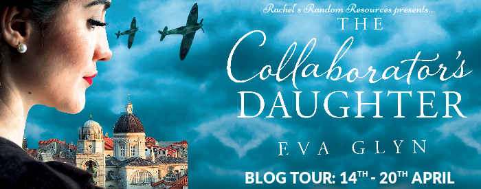 Blog tour banner for The Collaborator's Daughter by Eva Glyn showing the face of a white woman with dark hair and very red lipstick. In the blue cloudy sky background two 1940s aeroplanes fly over a Dubrovnik skyline.