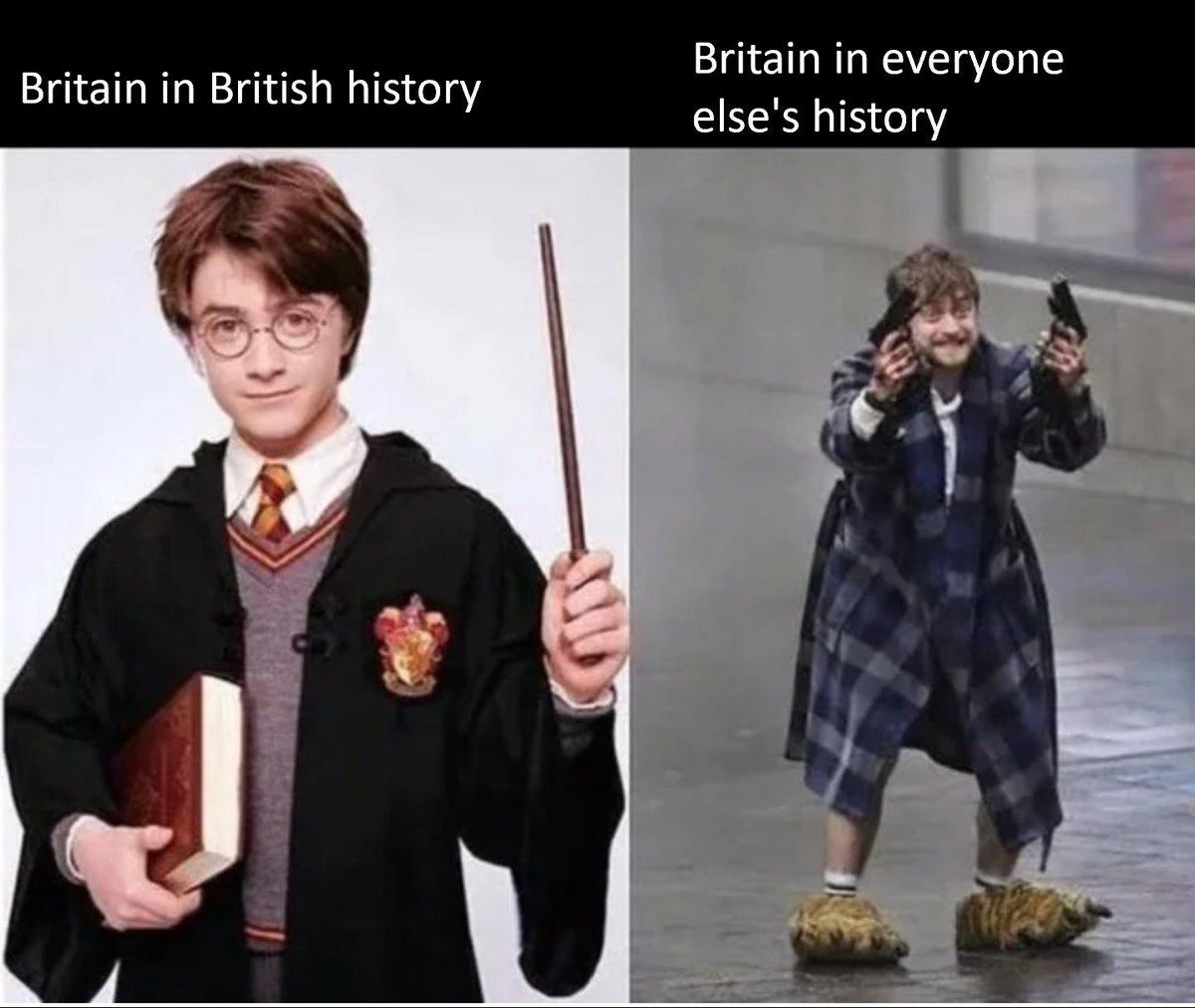 Britain in British History: An innocent, naive child with special powers.
Britain in everyone else's history: A deranged lunatic with guns.