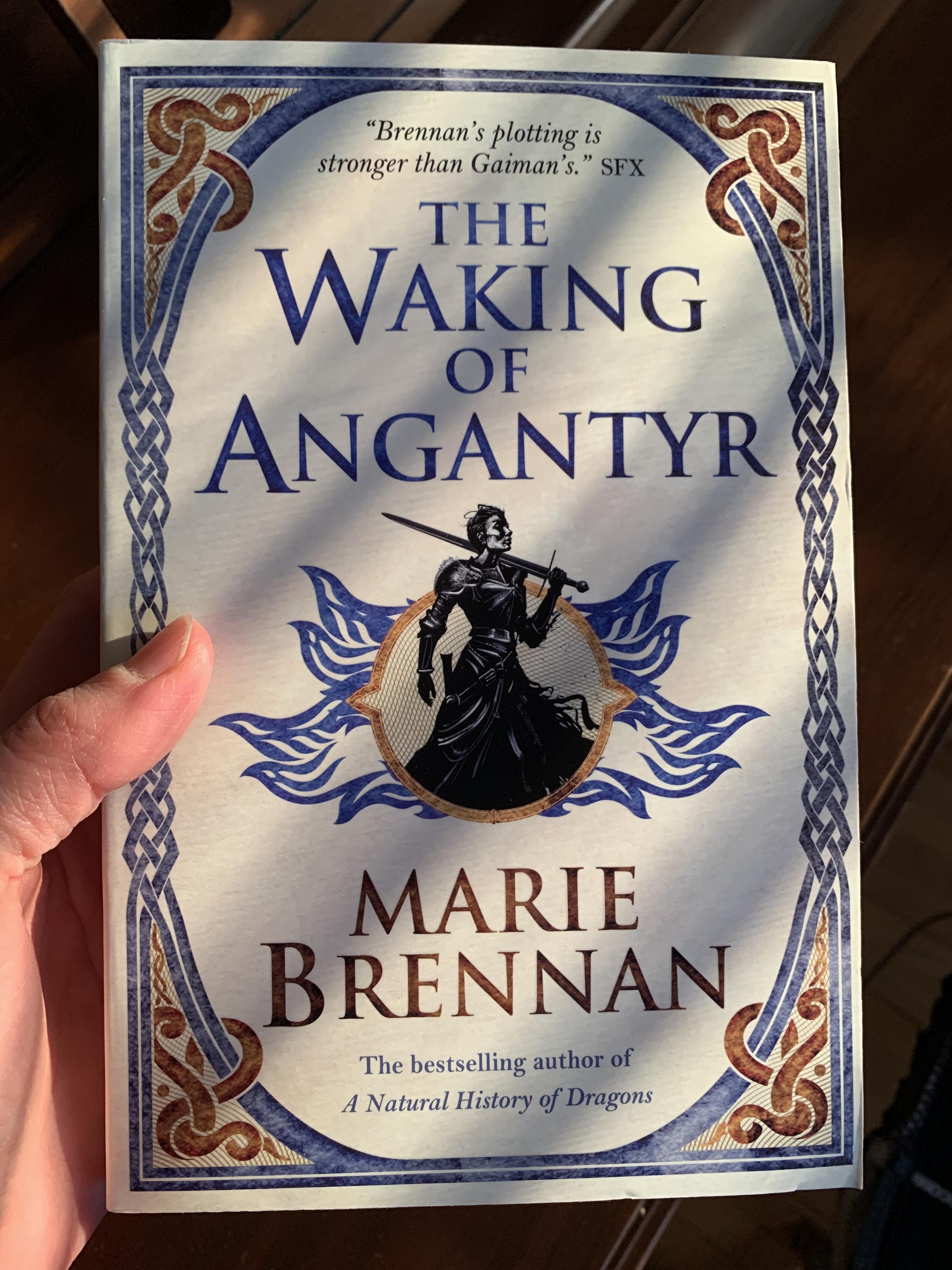 A book, "The Waking of Angantyr", by Marie Brennan, with a drawing of a woman in black and white carrying a sword over her shoulder in front of a golden circle and blue flames.  She looks serious.  Norse-style knots form the border.