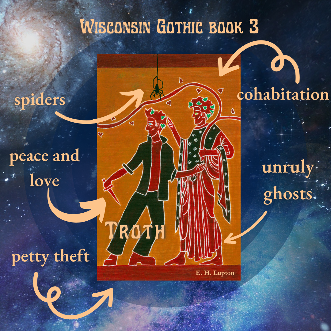 Wisconsin Gothic book 3
An arrow picture with these words and arrows pointing to the book: spiders; cohabitation; unruly ghosts; petty theft; peace and love. 
The cover is two men, one dressed as Dionysus, one in a leather jacket and jeans, both facing left. A spider is descending from the top and Dionysus is pointing at it. 
