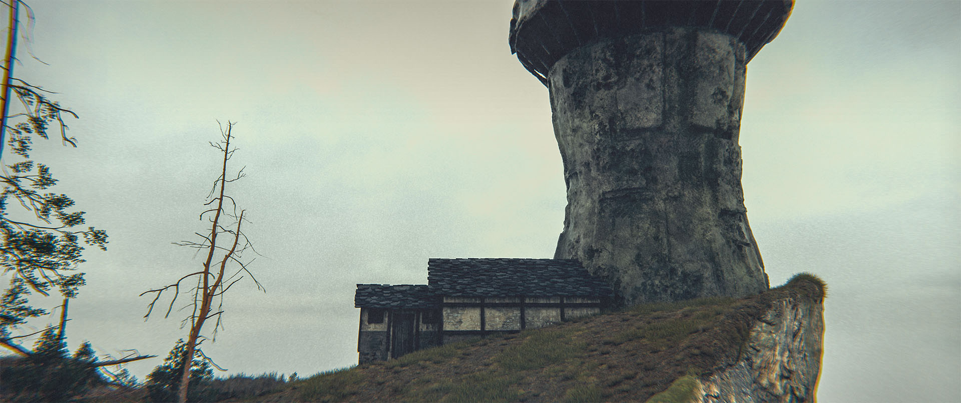 Wide shot, exterior, day -
A tower sitting on the edge of a cliff overlooking a lake.