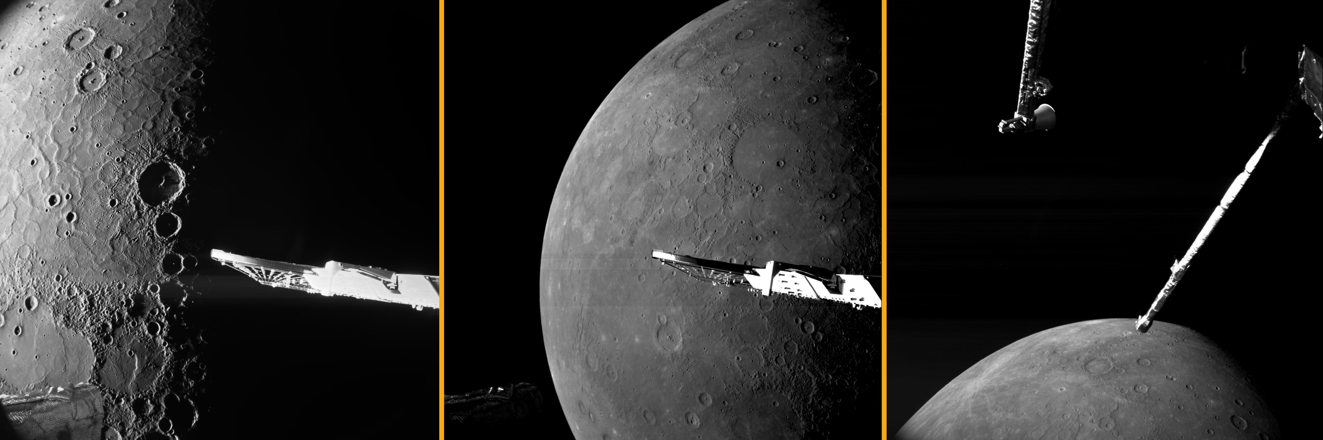 Some of the images acquired of Mercury by the ESA/JAXA BepiColombo spacecraft during its sixth Mercury flyby on 8 January 2025. The images were captured by the onboard monitoring cameras, which provide black-and-white 1024 x 1024 pixel snapshots.