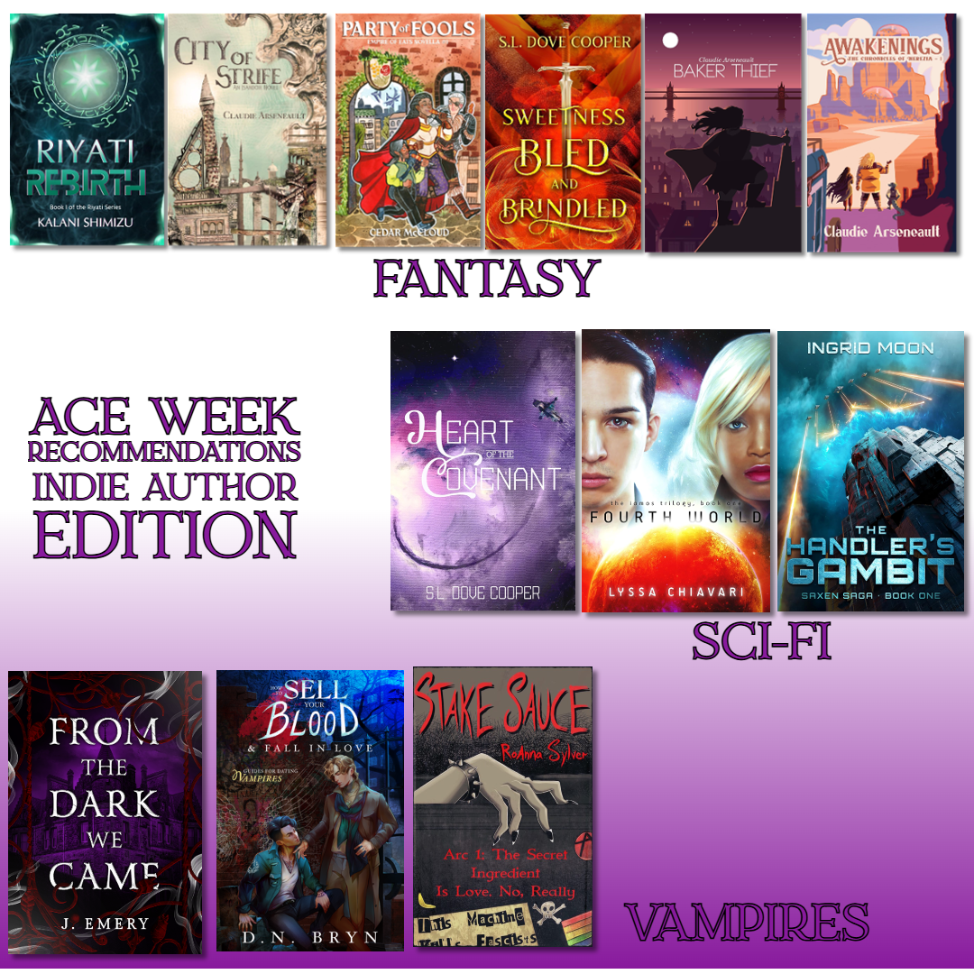 Background: gradient purple from the ace flag. Text "Ace Week Recommendations Indie Author Edition" - Fantasy: Riyati Rebirth, City of Strife, Party of Fools, Sweetness Bled and Brindled, Baker Thief, Awakenings. SciFi: Heart of the Covenant, Fourth World, The Handler's Gambit. Vampires: From the Dark We Came, How to Sell Your Blood and Fall in Love, Stake Sauce