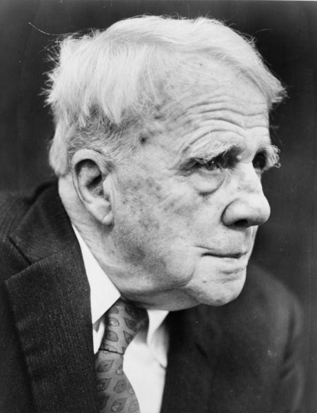 Frost in 1949

Walter Albertin, World Telegram staff photographer - Library of Congress. New York World-Telegram & Sun Collection. 

http://hdl.loc.gov/loc.pnp/cph.3c20741

https://commons.wikimedia.org/wiki/File:Robert_Frost_NYWTS_4.jpg

Frost appears as an elderly man with white, slightly disheveled hair, deep-set eyes, and a contemplative expression. 

His face shows signs of age, with visible wrinkles that add to his distinguished and wise appearance. 

He is dressed in a suit and tie, reflecting his formal yet approachable persona.