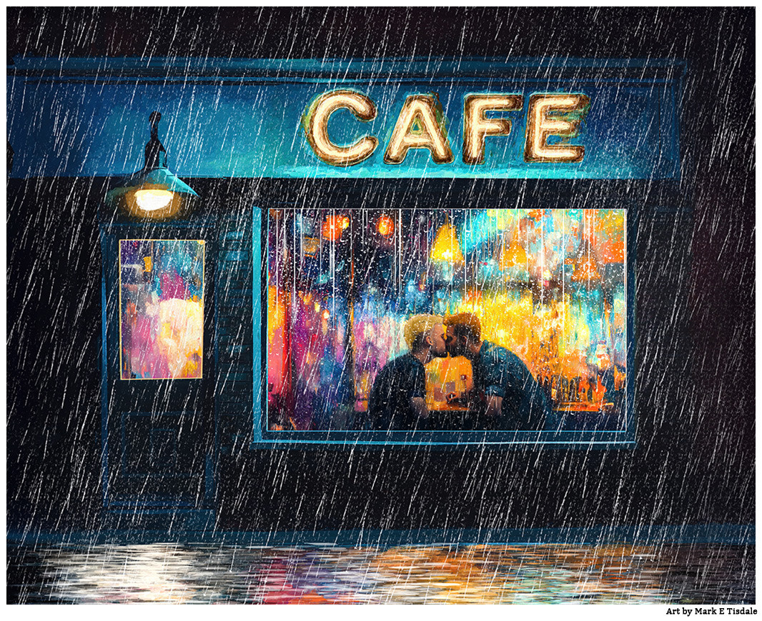 A large Cafe Sign illuminated above a window that is rain streaked. Nearest the window is two men kissing on a date. Outside of the cafe rain is falling and reflecting the light from the windows on the sidewalk outside. 