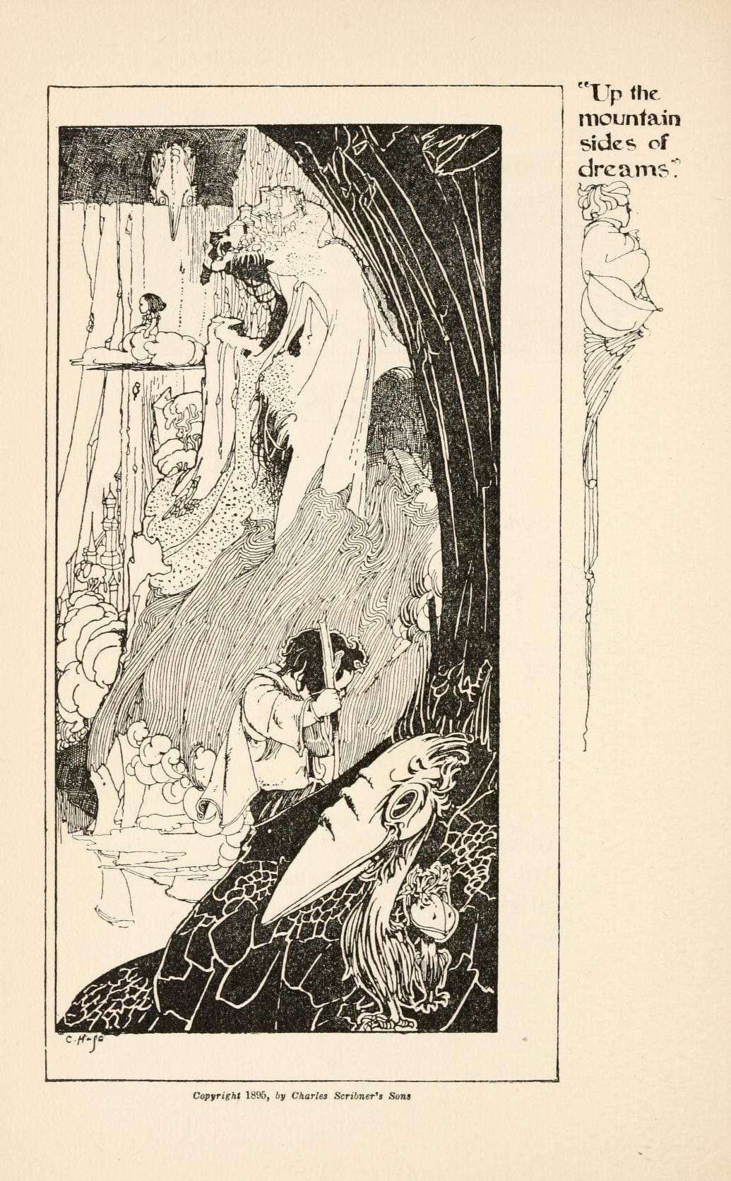 Pen and ink illustration by Charles Robinson to Stevenson’s poem "The Land of Nod". The image is tall and thin; the right side is dominated by a black crag (or possibly a strange tree-trunk), in front of which, in the bottom right-hand corner, stand two fantastical bird-like creatures with scruffy feathers and outsized, beaked heads. Although not overtly threatening or frightening, they are unsettling in their appearance. Behind them, a small child, head bowed, toils up-slope with the aid of a staff. Strange, cloudy outcrops and buildings are in the background. In the top left-hand corner, a giant, long-nosed face peers over the top of the cliff.

Caption: "Up the mountain sides of dreams"