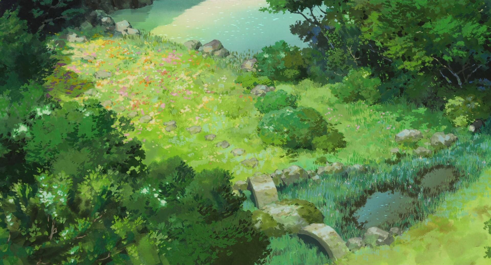 Bird view of swamp and small bridge, surrounding by flowers.

Background art by Yoshida Noboru for The Secret World of Arrietty.