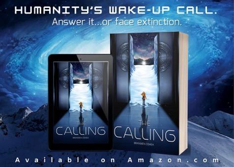 Image of a paperback and ebook of The Calling in front of a spiral galaxy. The cover features a teen exiting a massive elevator and looking out into a dark, arctic landscape. In the distance, a strange star in on the snow.