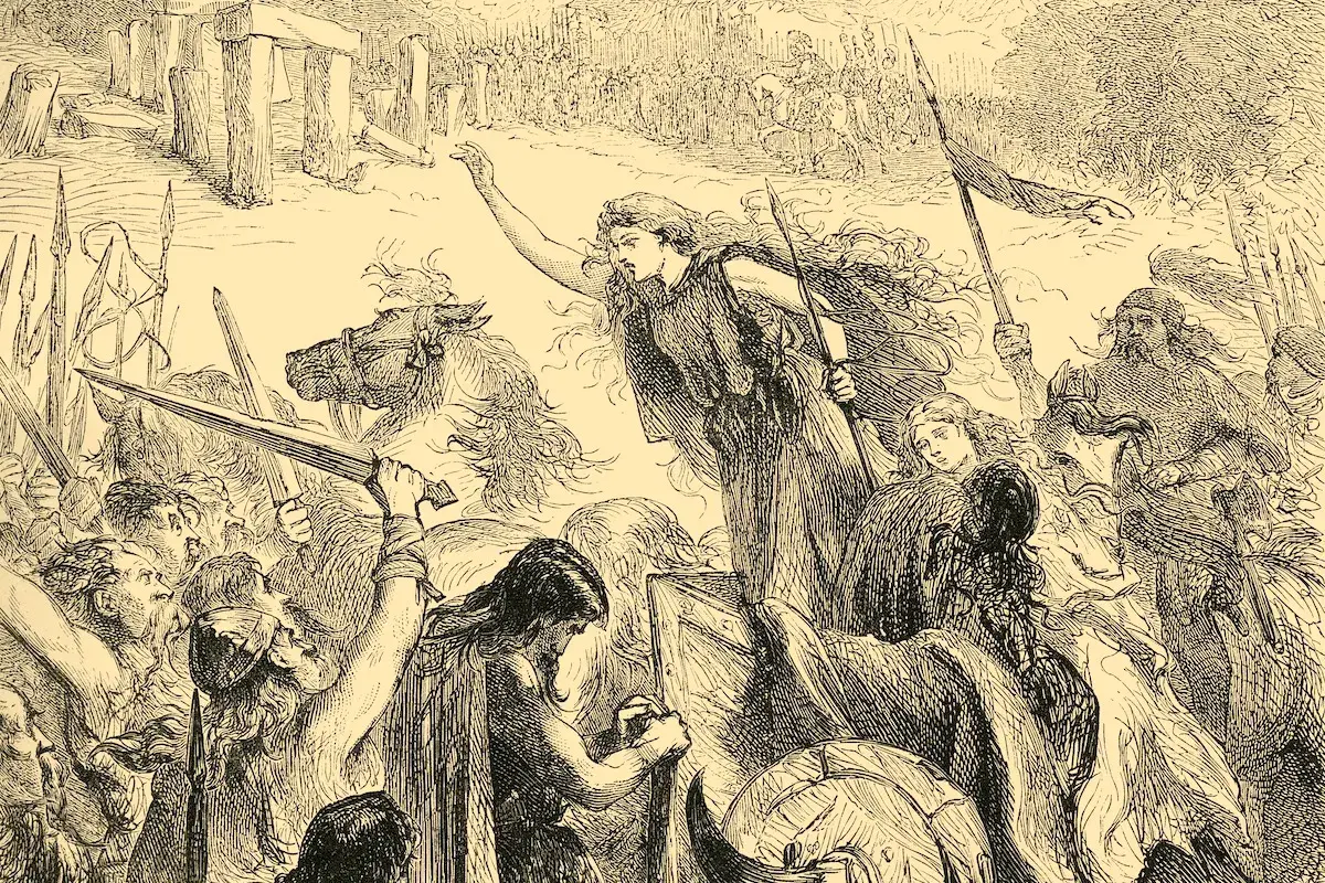 An engraving of a female warrior leading her army.