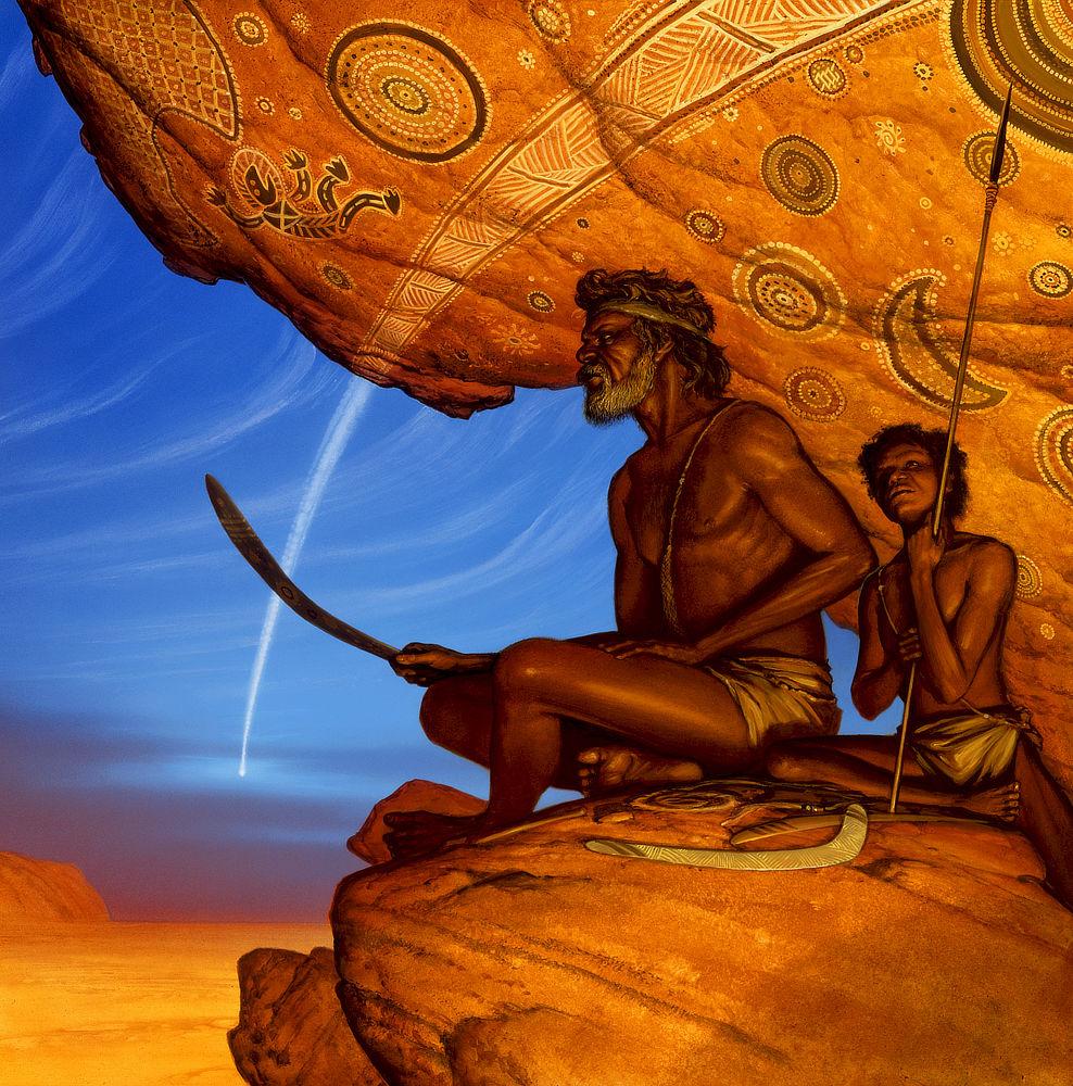 As seen in profile, a bearded aboriginal man of middle years sits with legs crossed on a perch of orange rock. He stares determinedly across flat barren plains topped by a beautiful blue sky. Breaking the upward sweeping pattern of wispy clouds, the contrail of a heavenly object arcs to the ground. Painted in indigenous style, it's downward trail continues on the pictographs painted on the rock above the man. The surrounding art is a mix of decorative shapes and narrative elements. At the edge of the rock, above the contrail, a figure falls with arms and legs flailing. The older man holds a boomerang. Several more rest on the stone near him. Beside him sits a boy with eyes cast dreamily upward as he grips a spear with the butt resting against the stone. Both are bare chested, wearing only loincloths.
