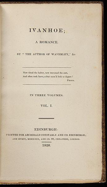 Title page of Walter Scott's Ivanhoe, 1st edition.

The text is presented in an elegant serif font, reflecting the formal and refined style of the period.

The title, Ivanhoe, appears prominently at the top, likely in larger font to draw attention, followed by the subtitle A Romance, emphasizing the book's genre.

Walter Scott's name does not appear on the title page because, at the time of publication, the novel was released anonymously. Instead, it is attributed to "The Author of Waverley", connecting it to Scott's earlier works.