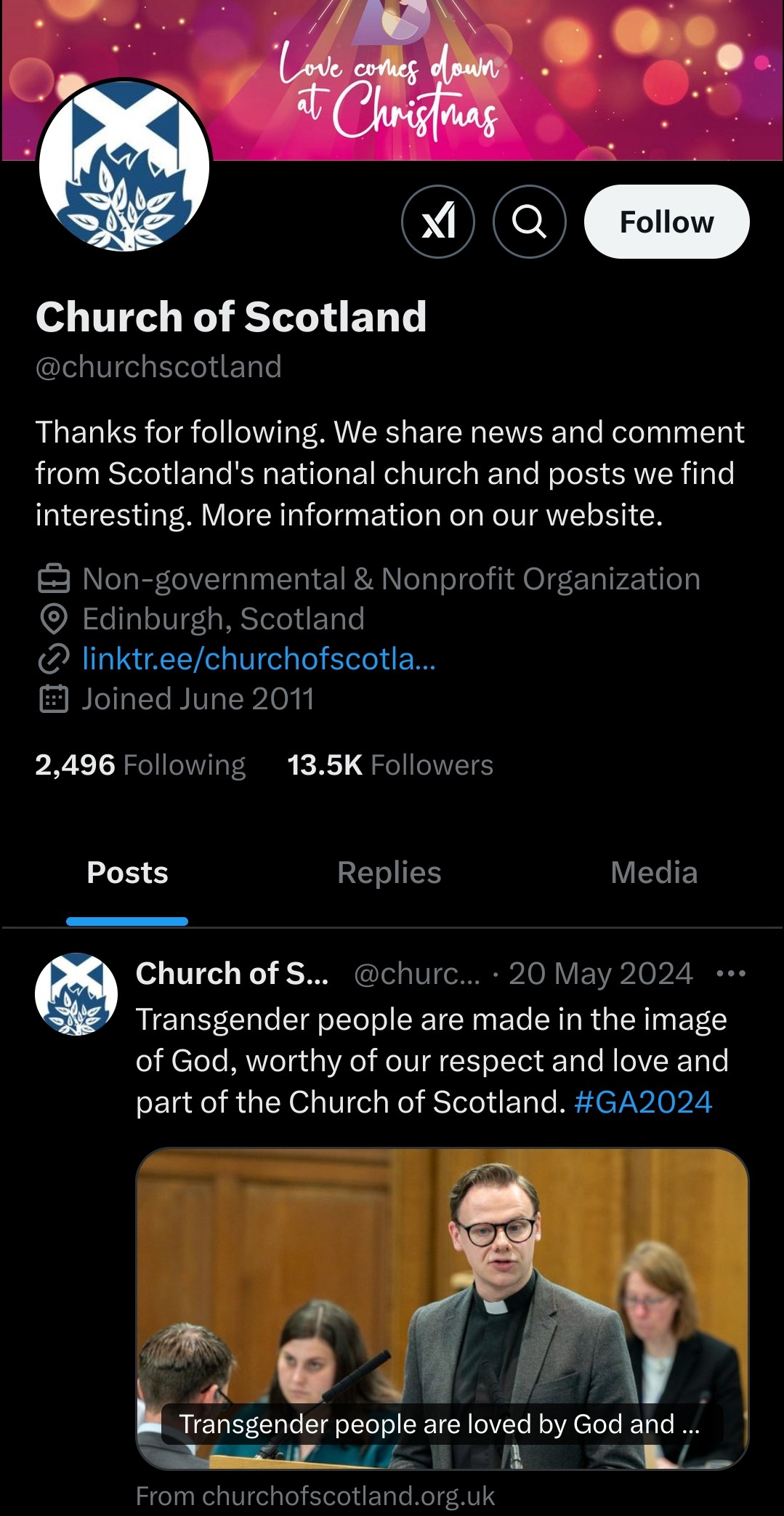 Screenshot of the Church of Scotland Twitter account, with the tweet quoted 