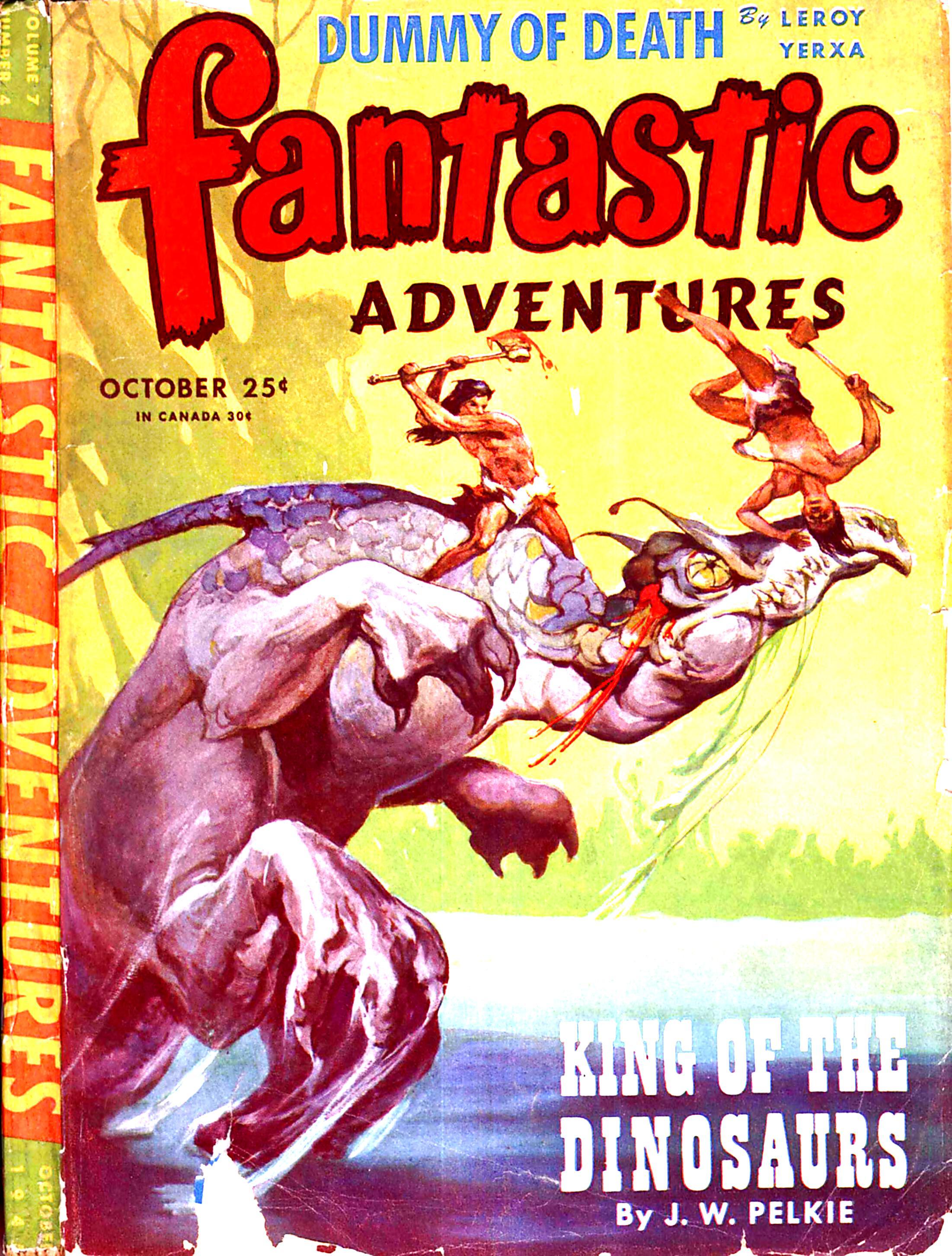 Two figures in loincloths are fighting with axes on top of a dinosaur/sea monster with a vulture-like head. One has struck the other who is falling.
Fantastic Adventures magazine cover from 1945.
