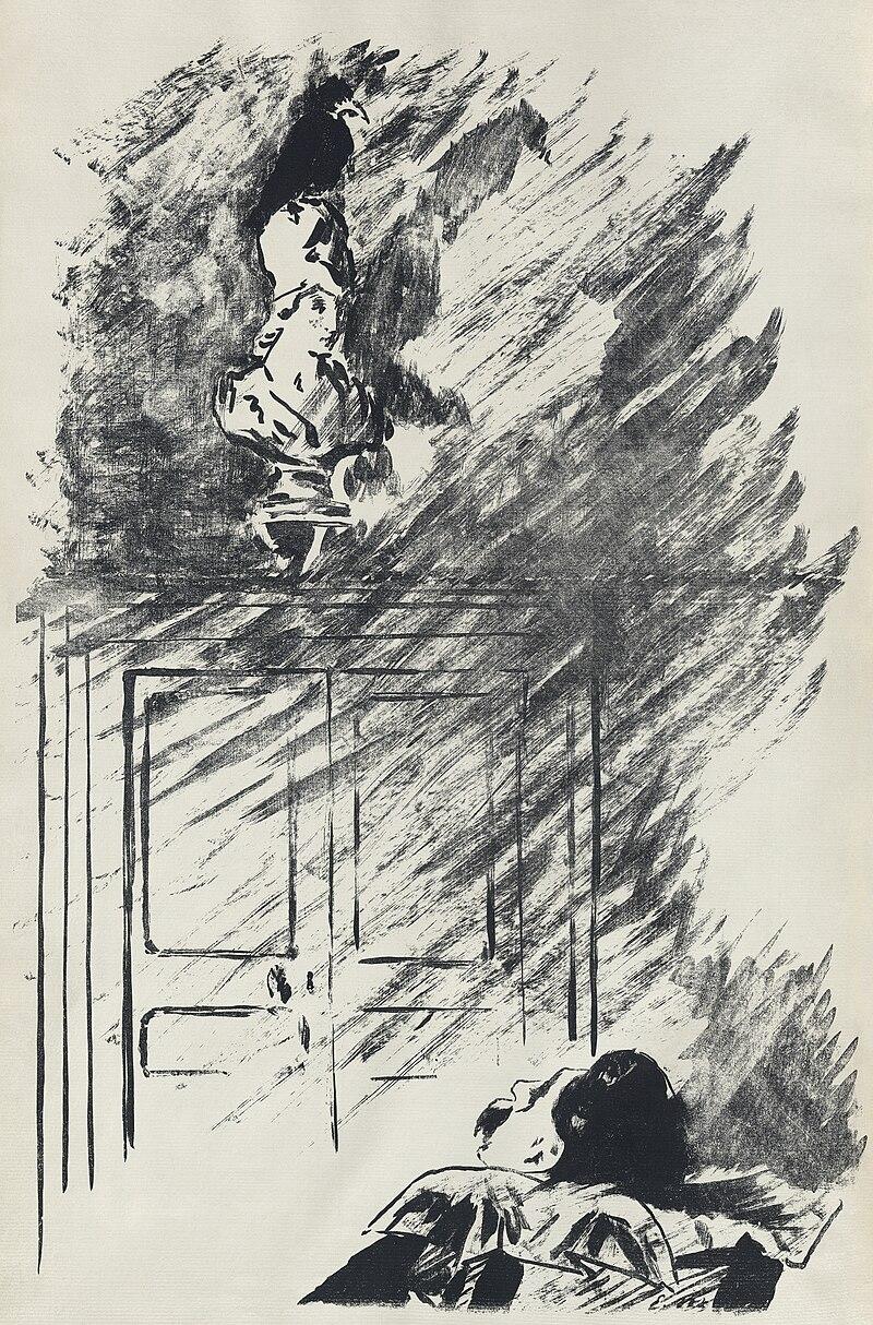 The raven perches on a bust of Pallas Athena, a symbol of wisdom meant to imply the narrator is a scholar. 

Illustration by Édouard Manet for Stéphane Mallarmé's translation, Le Corbeau (1875).