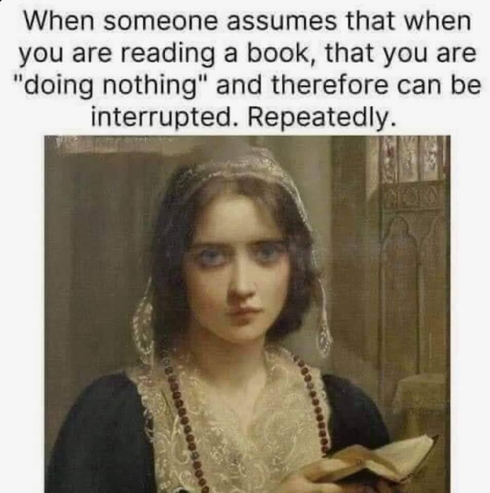 Meme of a classic painting of a young woman trying to read and looking frustrated captioned: 
When someone assumes that when you are reading a book, that you are "doing nothing" and therefore can be interrupted. Repeatedly. 