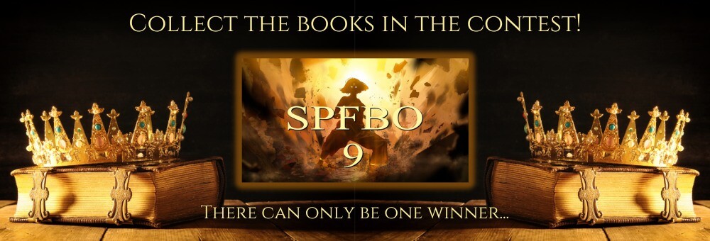 Banner for Self-Published Fantasy Blogoff promotion. Crowns and ancient books flank an ominous monster's image.