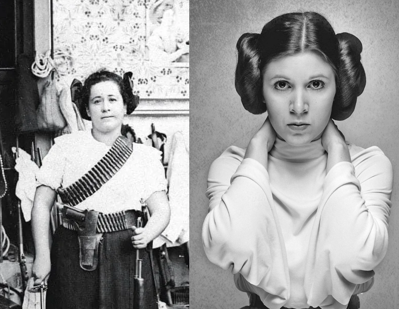 Photos of Clara and Leia side by side, each with their side buns. Clara is standing outside in front of an ornate building with a stoic expression. She is wearing a bandolier, a bullet belt with a gun in a holster, and is holding a sword in one hand and a rifle in the other. Leia is in a photography studio looking straight at the camera with a stoic expression with her hands behind her neck and her elbows pointed downward.