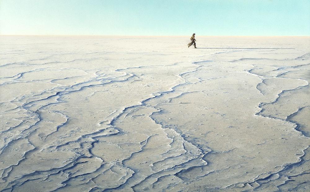 Striding across a sun bleached wasteland, a haggard gunslinger casts a long shadow.   Set high on the canvas near the horizon, his figure is diminutive in the vastness of the barren terrain. He has made his way a little right of center but his shadow almost reaches the end. Hardened lines in the sand resemble branching blue veins drawing the viewers eye back to the gunslinger. The sky above is tranquil beginning almost white on the left, a hint of the sun off-panel, and stretching in a long band of desaturated cyan.
