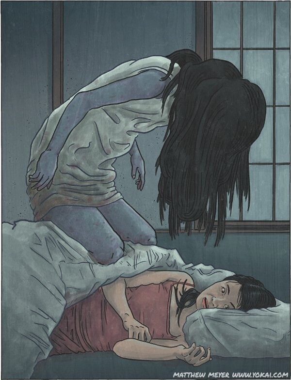 A woman lies in bed in her side. A ghostly figure kneels on top of her with long black hair cascading down and covering its face.