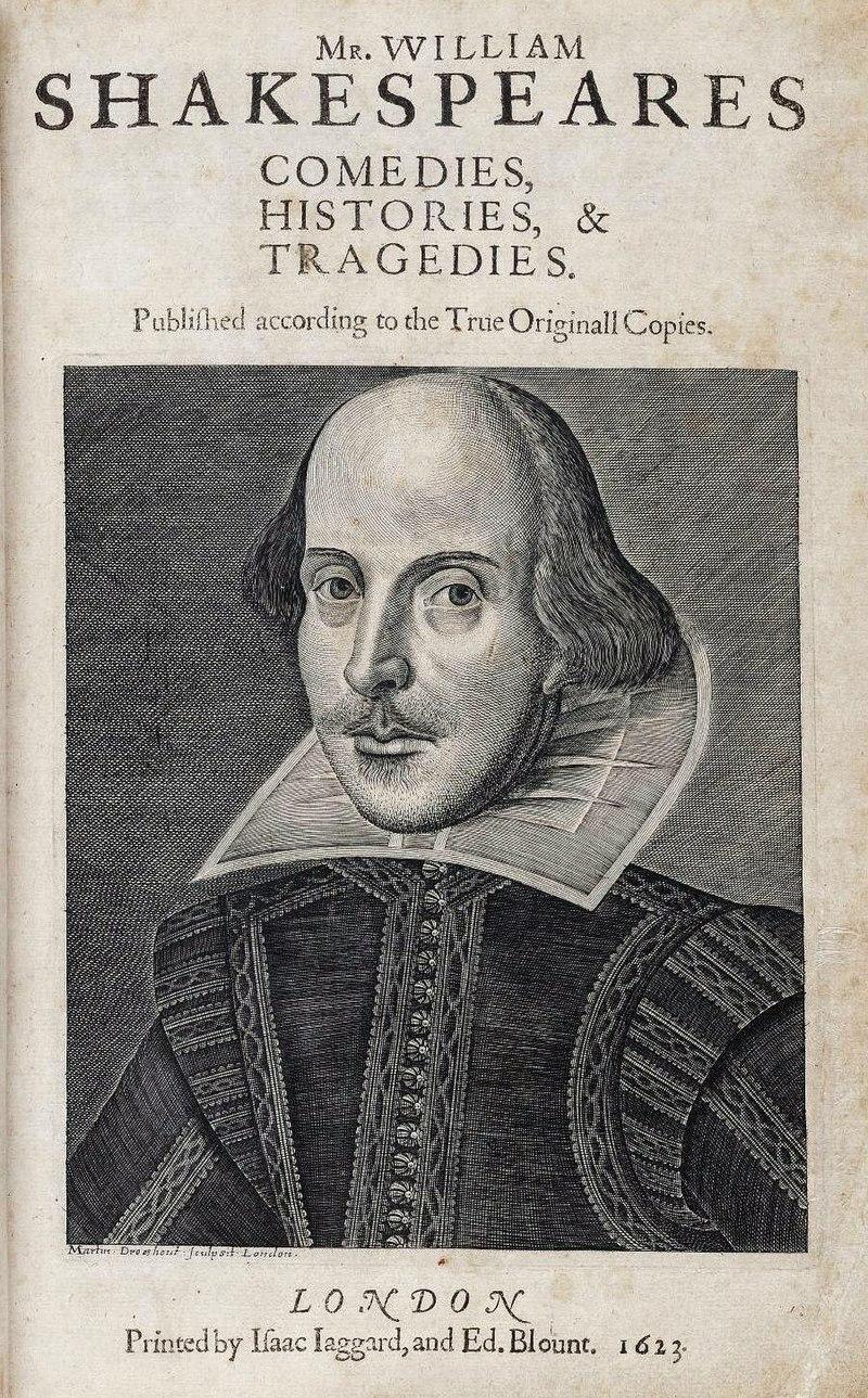 The title page of the First Folio of William Shakespeare's plays.

The title page prominently features an engraved portrait of Shakespeare, created by Martin Droeshout, a relatively young engraver at the time.

The portrait depicts Shakespeare with a high forehead, a mustache, and a goatee, wearing a doublet with a wide lace collar.
The engraving has been both praised and critiqued for its accuracy. Ben Jonson, in his introductory poem to the Folio, vouched for its likeness, calling it a "true representation" of Shakespeare.