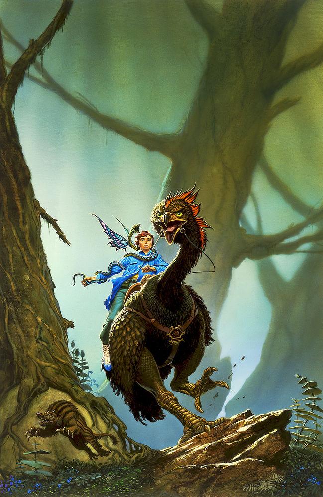 In a frantic flight through the woods, a fierce ostrich-like bird bends its sinuous neck as it corners around a massive tree. With a powerful talon, it grips rock and seeks footing with its other leg raised. Mounted on its back gripping reins is a redheaded man in a vibrant blue coat. A serpent coils around his shoulder and down his extended arm. The serpent spreads kaleidoscopic wings and hisses in displeasure. A badger-like creature springs out of their path.
