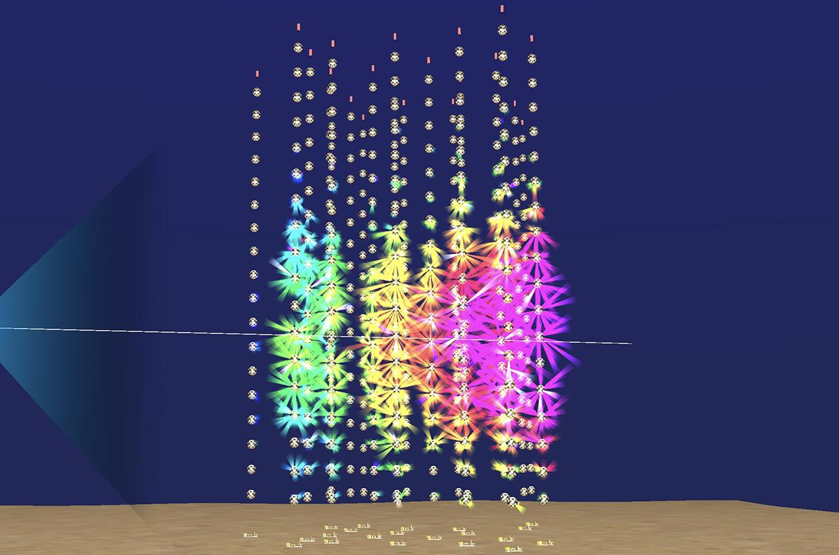 A simulation depicts a new high-energy neutrino’s detection by sensor strings rising from the seabed. P. Coyle; CNRS; KM3NeT Collaboration 