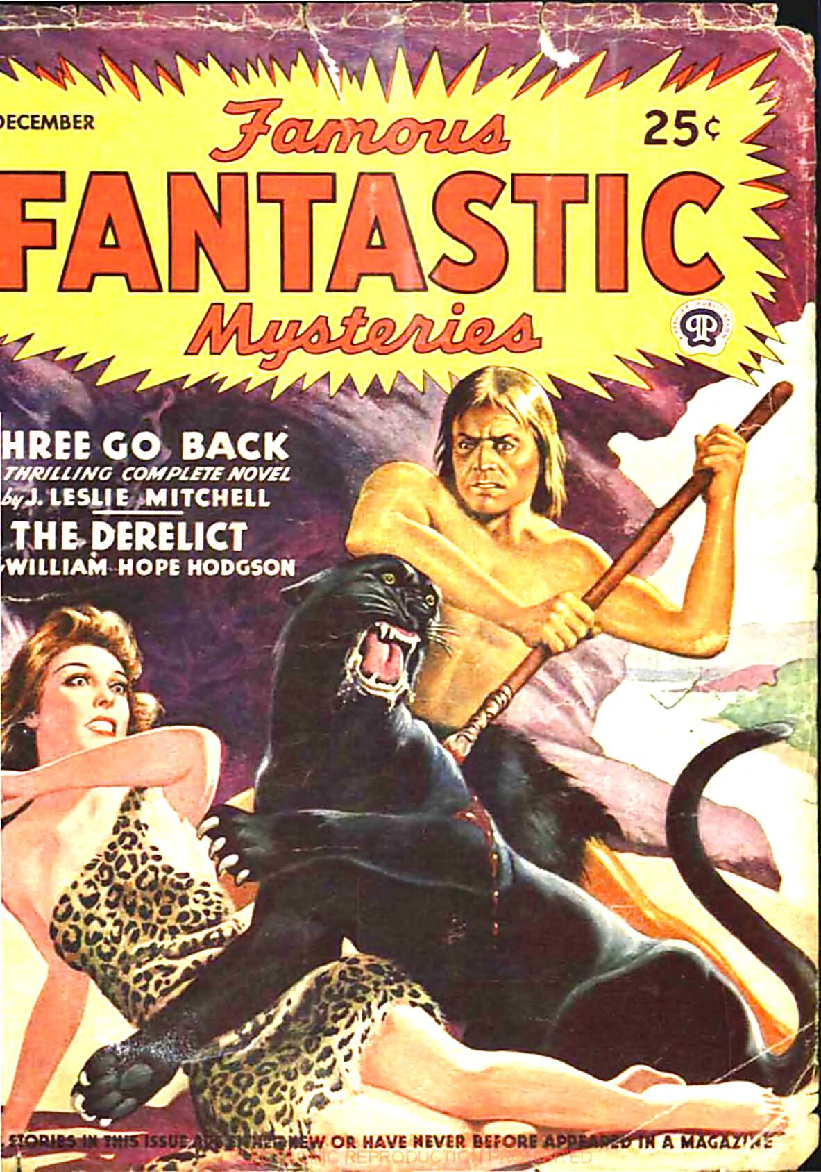 In a cave, a black panther is crouched over a woman, but is being speared from behind by a primitive-looking man.
Famous Fantastic Mysteries magazine cover from 1943.
