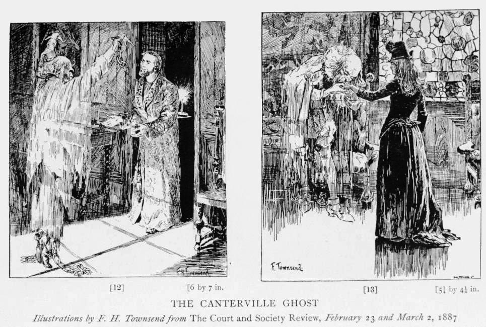 The image contains two black-and-white illustrations from The Canterville Ghost, drawn by F. H. Townsend. These illustrations were published in The Court and Society Review on February 23 and March 2, 1887.

Left Illustration: Depicts a ghostly figure, likely Sir Simon, rattling chains and attempting to frighten a man in a robe, presumably Mr. Otis. The man appears unafraid and is calmly offering the ghost some lubricant for his chains. A small dog is at the ghost’s feet, adding to the scene’s humor.

Right Illustration: Shows a sorrowful and defeated ghost being comforted by a young woman, likely Virginia Otis. The scene takes place in a room with a stained-glass window in the background, enhancing the Gothic setting.