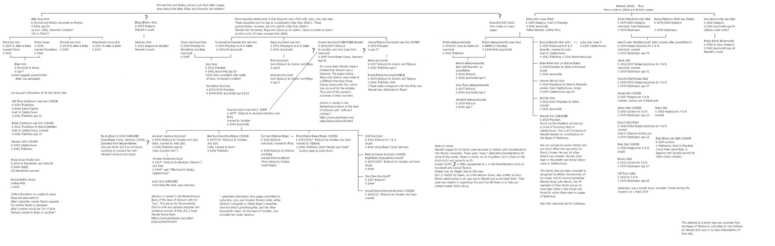 Sprawling family tree of three generations of an extended Jewish family in Poland, with three siblings on both maternal and paternal sides, a likely 1st and 2nd marriage for one, a tangent to the mother and siblings of a married-in uncle/cousin and four who I couldn't place because there wasn't enough information. There are 57 people, only three of whom survived.

Mendel was the youngest brother of his immediate family. He was 17-18 when they were killed.