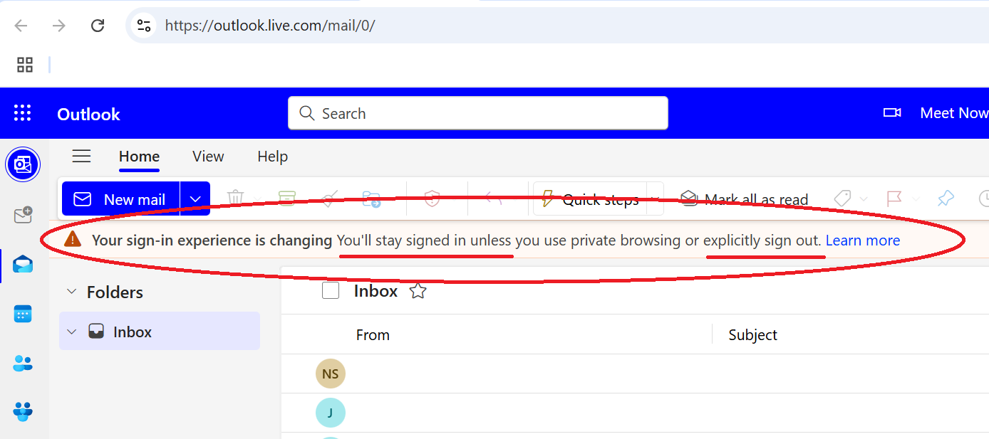 Screenshot from Outlook web version showing the notice of the change. The author has circled the notice with a red line.