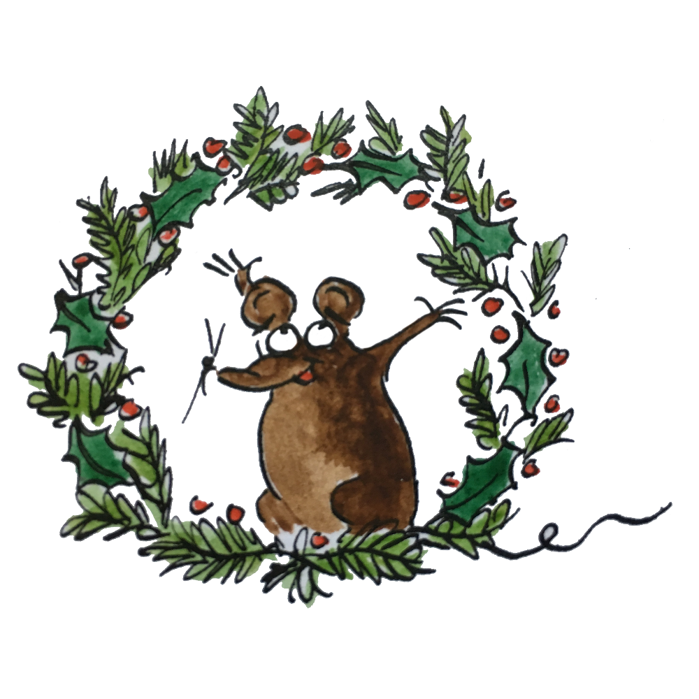 Ink and wash drawing of Minimus the Latin mouse holding an evergreen wreath