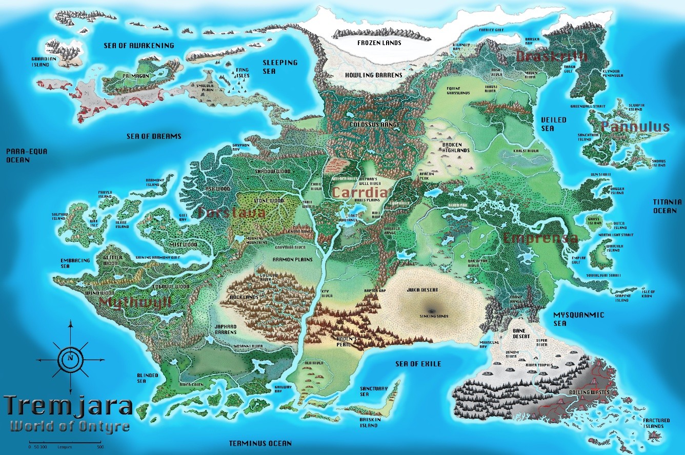 The continent of Tremjar, color version. A roughly oval landmass from southwest to northeast with numerous islands and peninsulas extending off of it. The west is mountains and forests. The east is mostly grasslands. The south is mostly desert.

Carrdia is at center. Forstava, the ora'ean homeland, is in the west, Mythwyll below it. Draskrith and the islands of Pannulus are in the northeast. Emprensa is in the east.