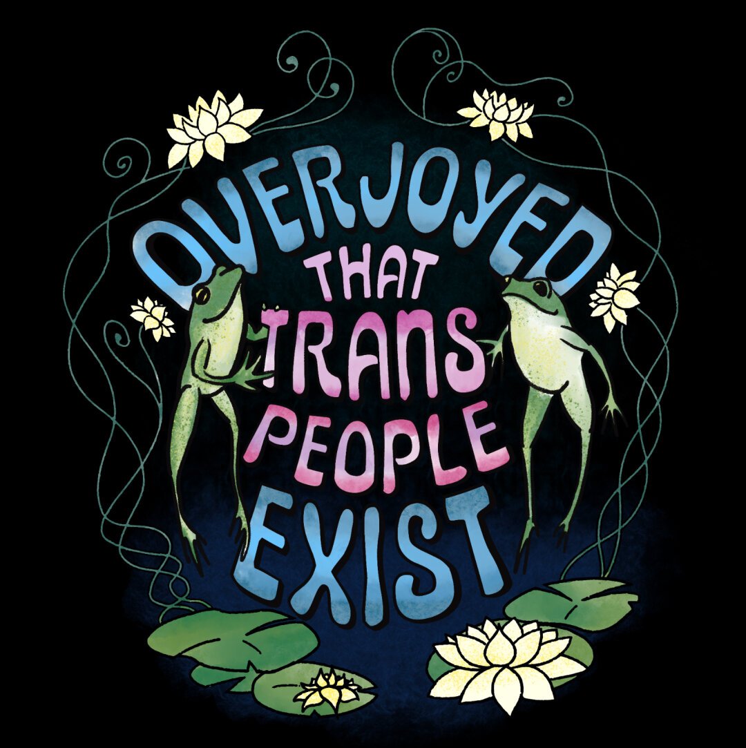 A digital illustration of two frogs leaping, framed by curly vines and white lotus flowers. The frogs are framing the words “overjoyed that trans people exist”.