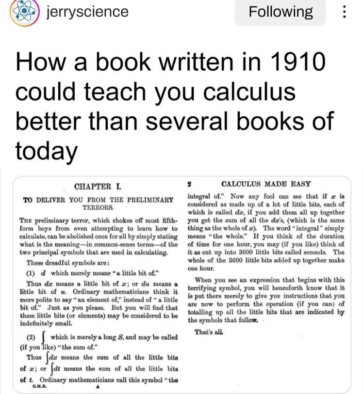 A screenshot of an old textbook page, introducing calculus. The title of the screenshot is "How a book written in 1910 could teach you calculus better tha several books of today."