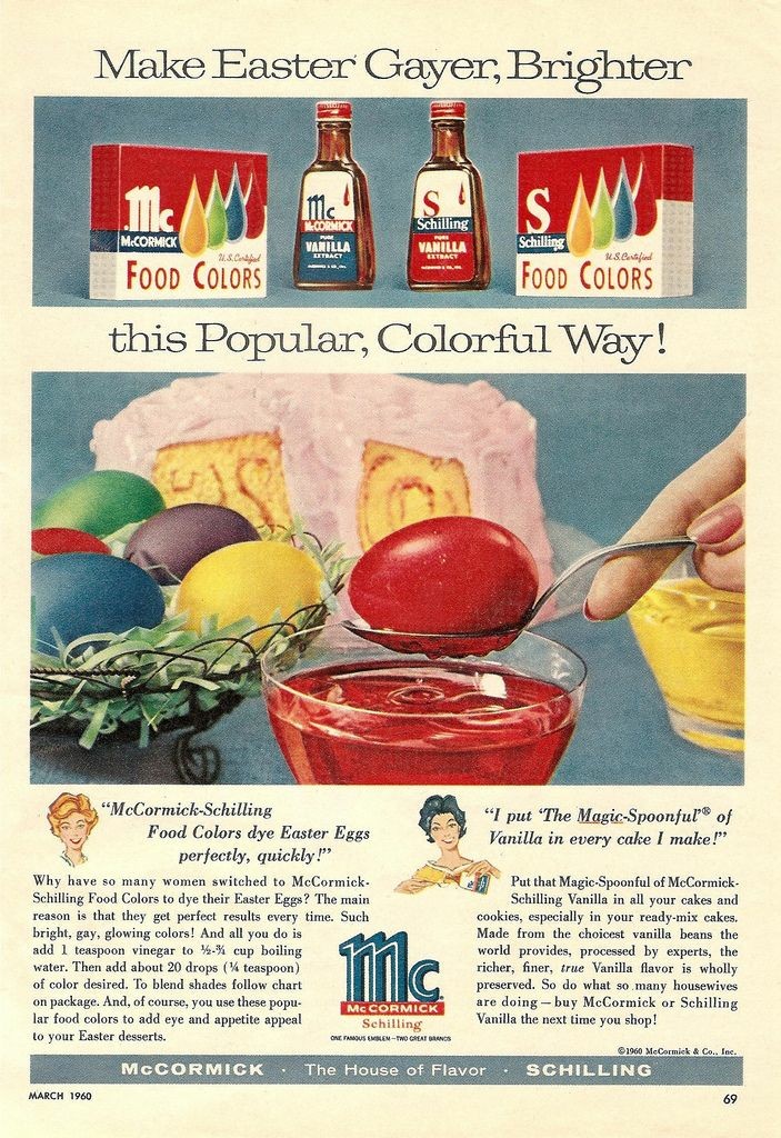 Vintage ad for McCormick food dyes. A photo of dyed eggs in different colors. A spoon holds an egg that has just been dipped in red dye. Tagline reads: "Make Easter Gayer, Brighter this Popular, Colorful Way!"