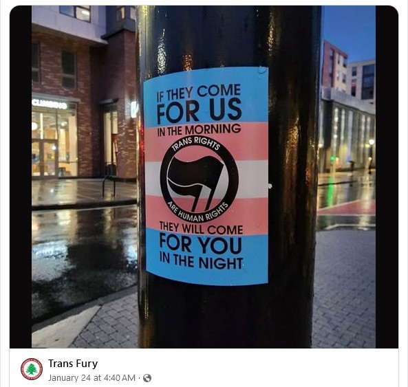 Poster with blue and pink background and a black flag in the center of a circle labeled Trans rights Are Human Rights. Reads: If they come for us in the morning, they will come for you in the night.