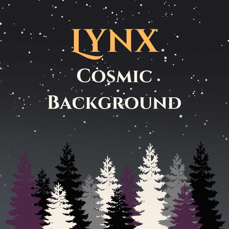 Cover art for the podcast episode. The image has stars on a dark gray background with trees in purple, black, beige, and grey along the bottom. At the top is the word "Lynx" in orange and below it the text "Cosmic Background" in beige. 