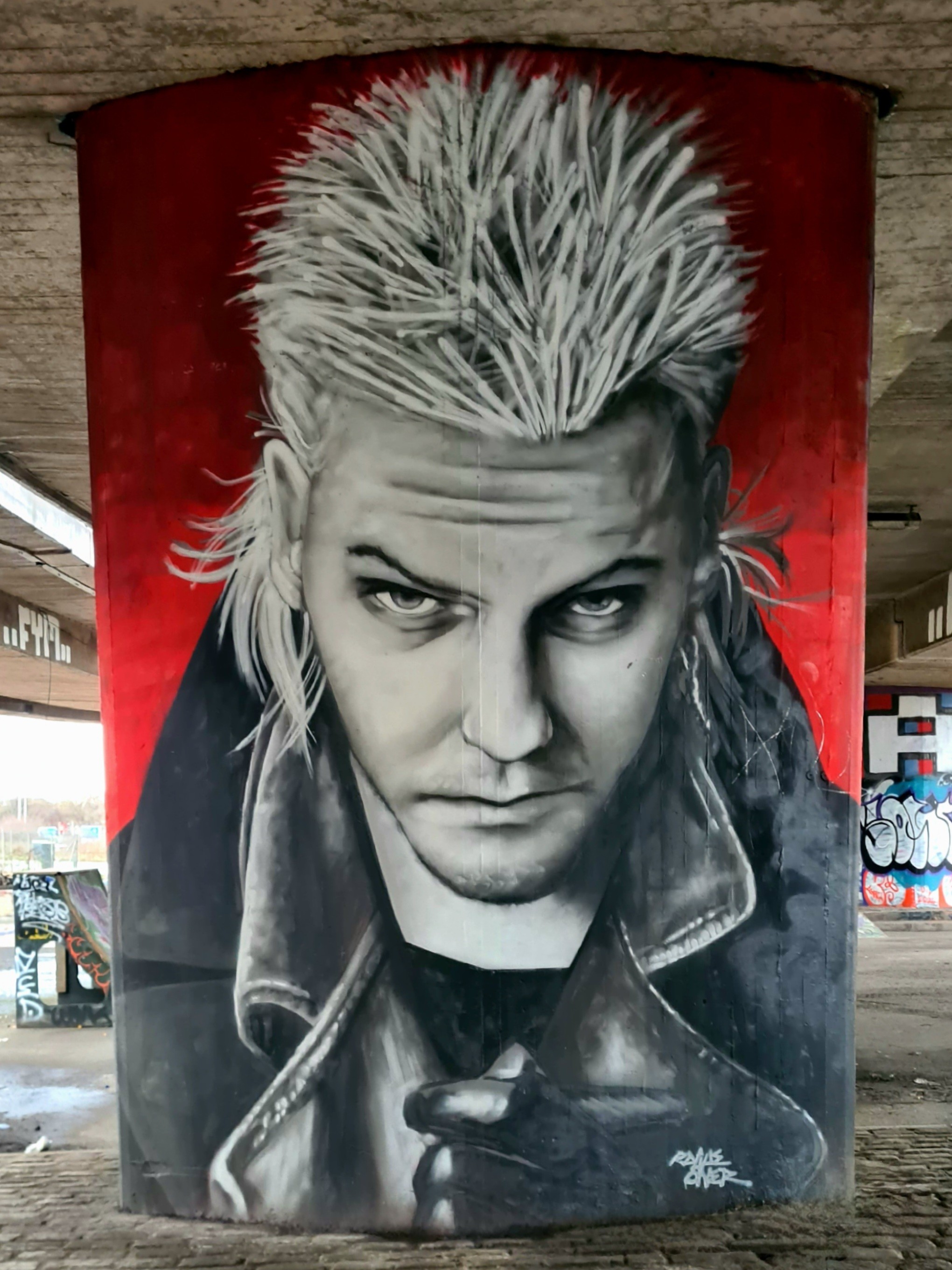 A mural of Keifer Sutherland playing David Williams in the 1980s film The Lost Boys.