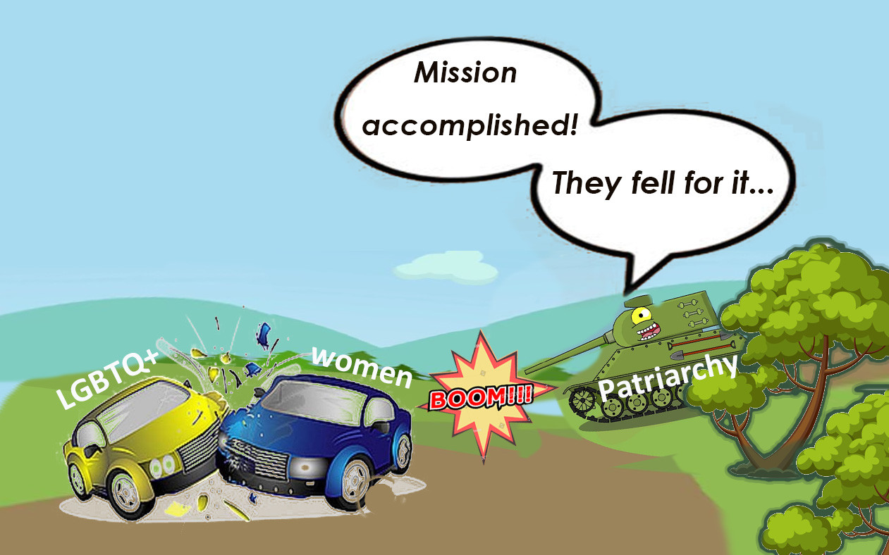 It's a cartoon of two cars crashing into each other violently. One car is labelled 'LGBTQ+' and the other one is labelled 'women'.

When you look closely you can see a big tank hiding behind some bushes behind them. It's labelled 'Patriarchy' and is pointing its gun straight at the crash. It has a cheeky smile on its face (yes, the tank!)

The tank is saying, in a speech bubble, "Mission accomplished! They fell for it..."