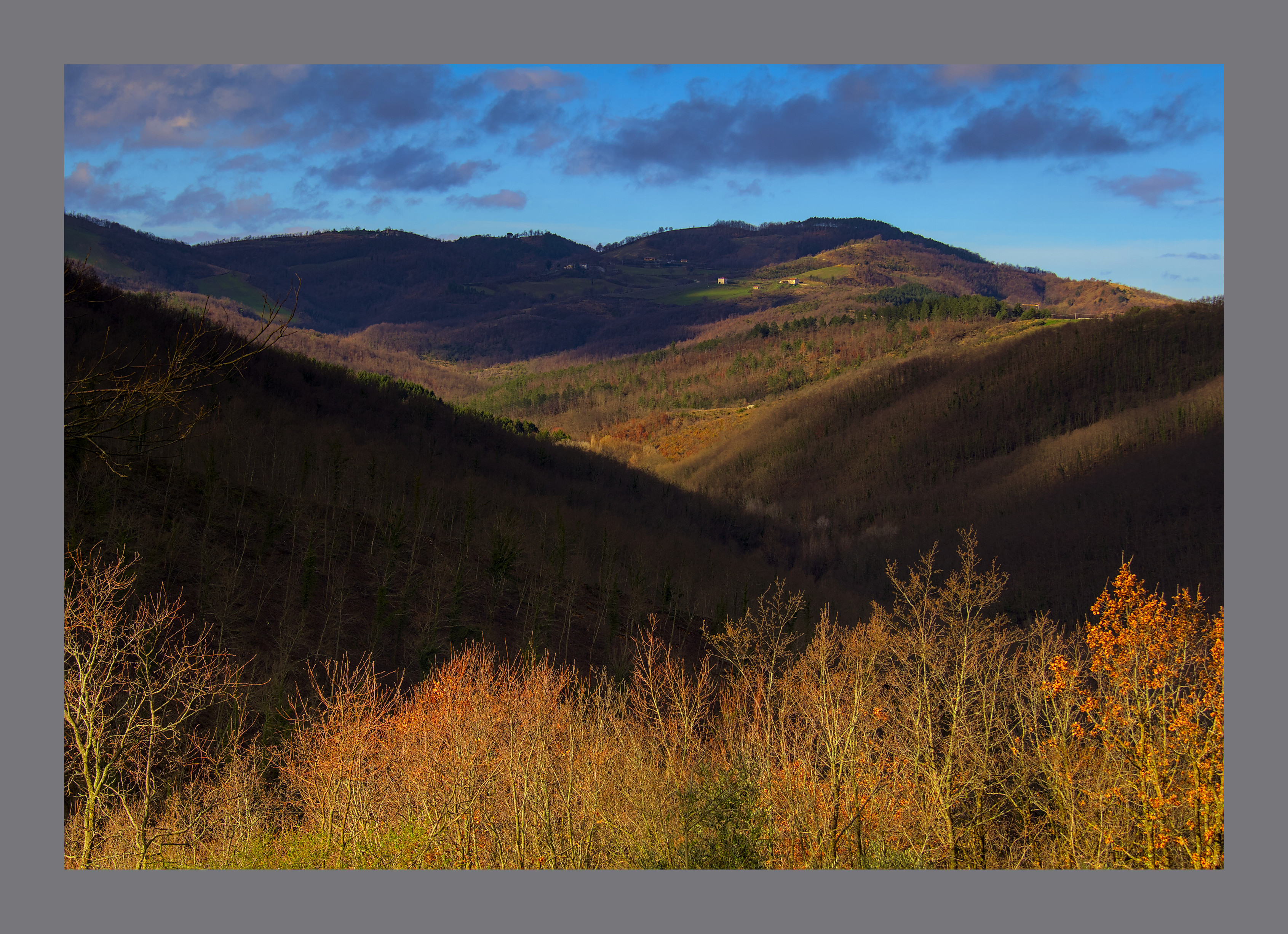 a strip of orange lit trees run across the foreground, beyond which is a valley of dark interlocking hills with patches of sunlight