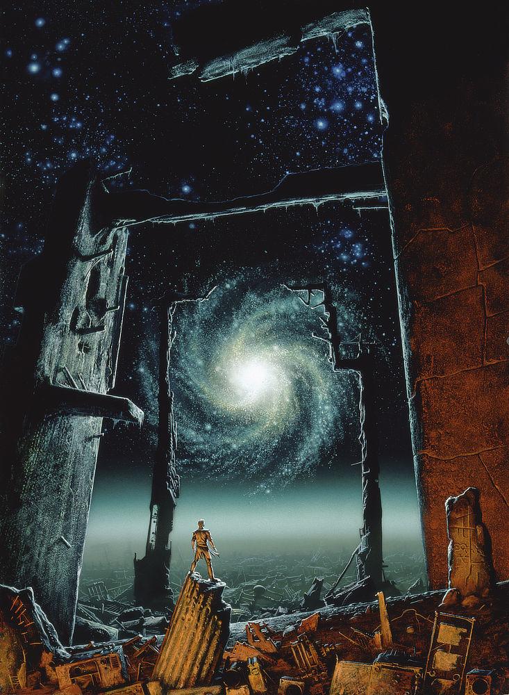 In the rubble of Trantor, a man stands on a broken pillar to gaze out a galactic spiral spinning brightly against a celestial canvas of stars. The immediate foreground is lit to give it an earthy red tint while the vista of planetary wreckage is gray-green leading up to a brilliant starscape of green and blue. Crumbling structures form a series of frames to give a sense of scale and distance across the ruined surface of the planet.
