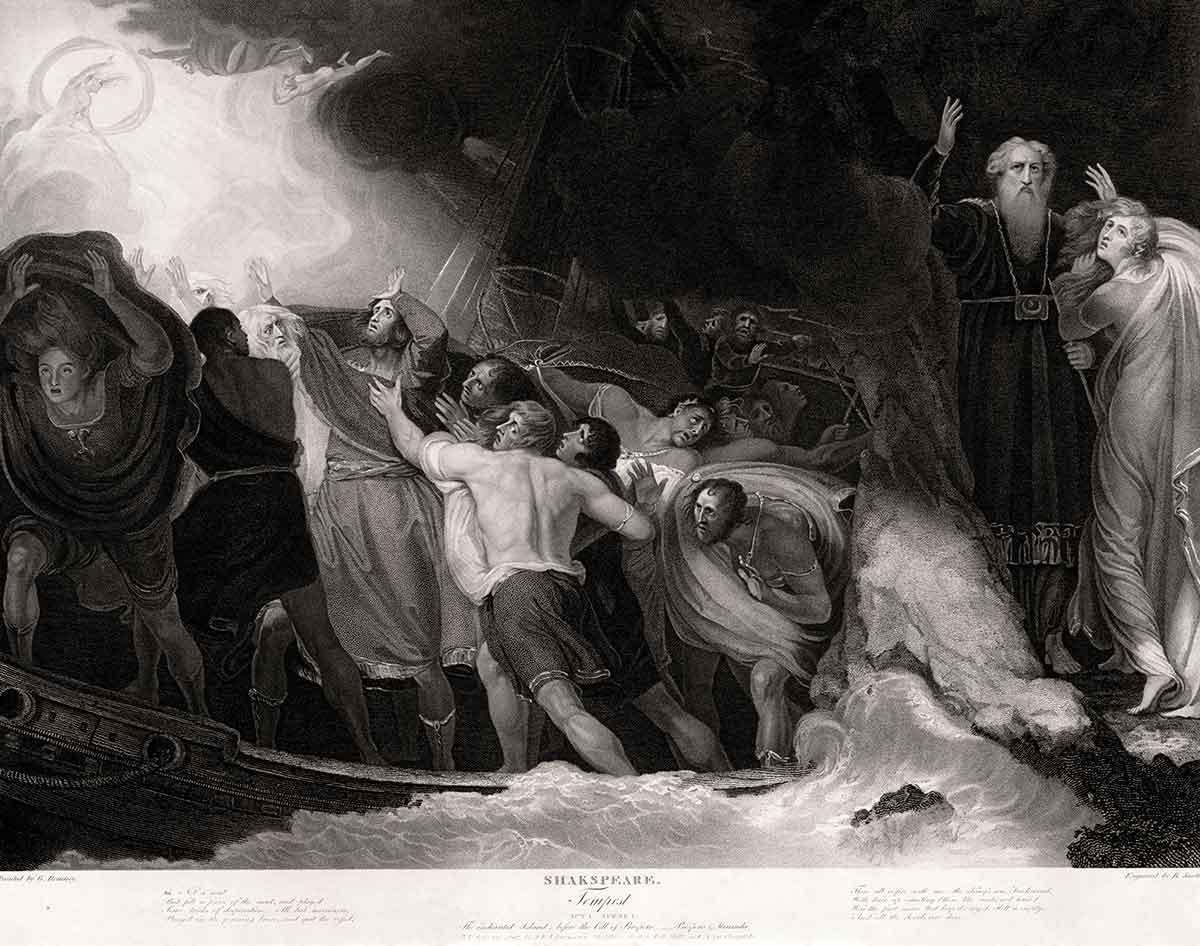 The shipwreck in Act I, Scene 1, in a 1797 engraving by Benjamin Smith after a painting by George Romney.

Act I, Scene 1 of The Tempest by William Shakespeare, in an engraving by Benjamin Smith based on a painting by George Romney. Published by J. & J. Boydell at the Shakespeare Gallery, Pall Mall & at No. 90 Cheapside. The titular tempest wrecks the ship of King Alonso. As revealed in Act I, Scene 2, the tempest was conjured by Prospero (old man, right), who sent the spirits (seen in the upper left) to create the storm. His daughter Miranda clings to him, as she does in Scene 2, begging for the lives of those on the vessel - but Prospero assures her used his magic to prevent anyone from dying, though he will lead people to believe that others have in the events to come in the play. His brother, Antonio, who usurped his place as the Duke of Milan, is on the vessel, and it is against him he seeks revenge...