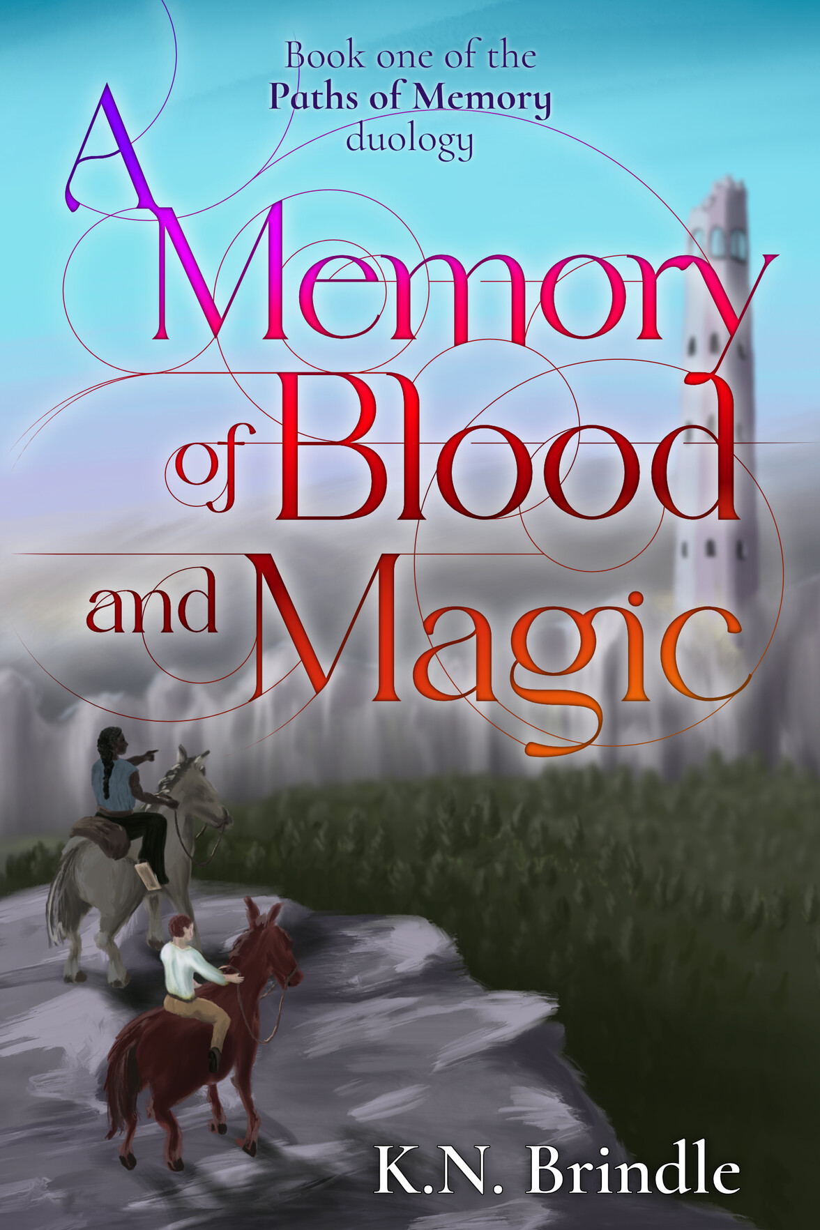 Book cover: A Memory of Blood and Magic, book one of the Paths of Memory duology.

Art Description: Two people riding mules at the edge of a cliff in the foreground, facing away into the distance. One is pointing across a densely forested valley to distant cliffs where a ruined tower rises against a blue and pink sky.

The title of the book fills the cover in a smooth gradient from purple to blood red, with circular tracery extending from the letters serifs and ascenders to form a web of intersecting paths.