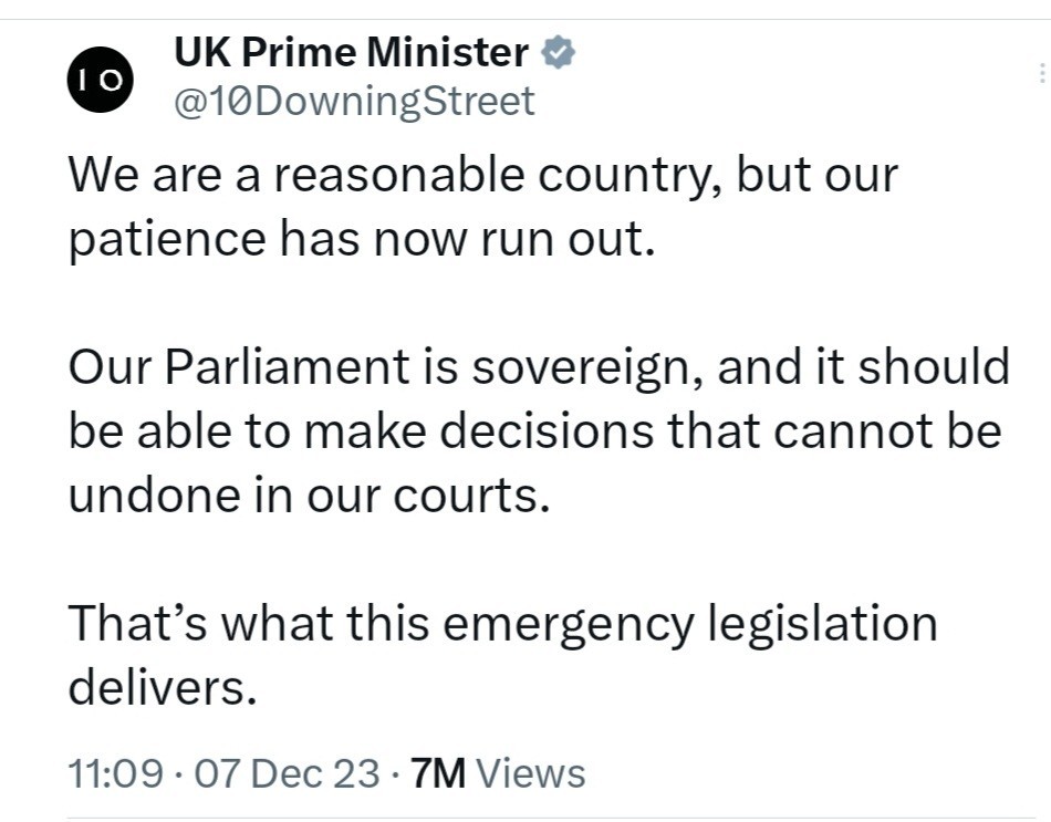 Tweet:
UK Prime Minister @10DowningStreet

We are a reasonable country, but our patience has now run out.
Our Parliament is sovereign, and it should be able to make decisions that cannot be undone in our courts.
That's what this emergency legislation delivers.