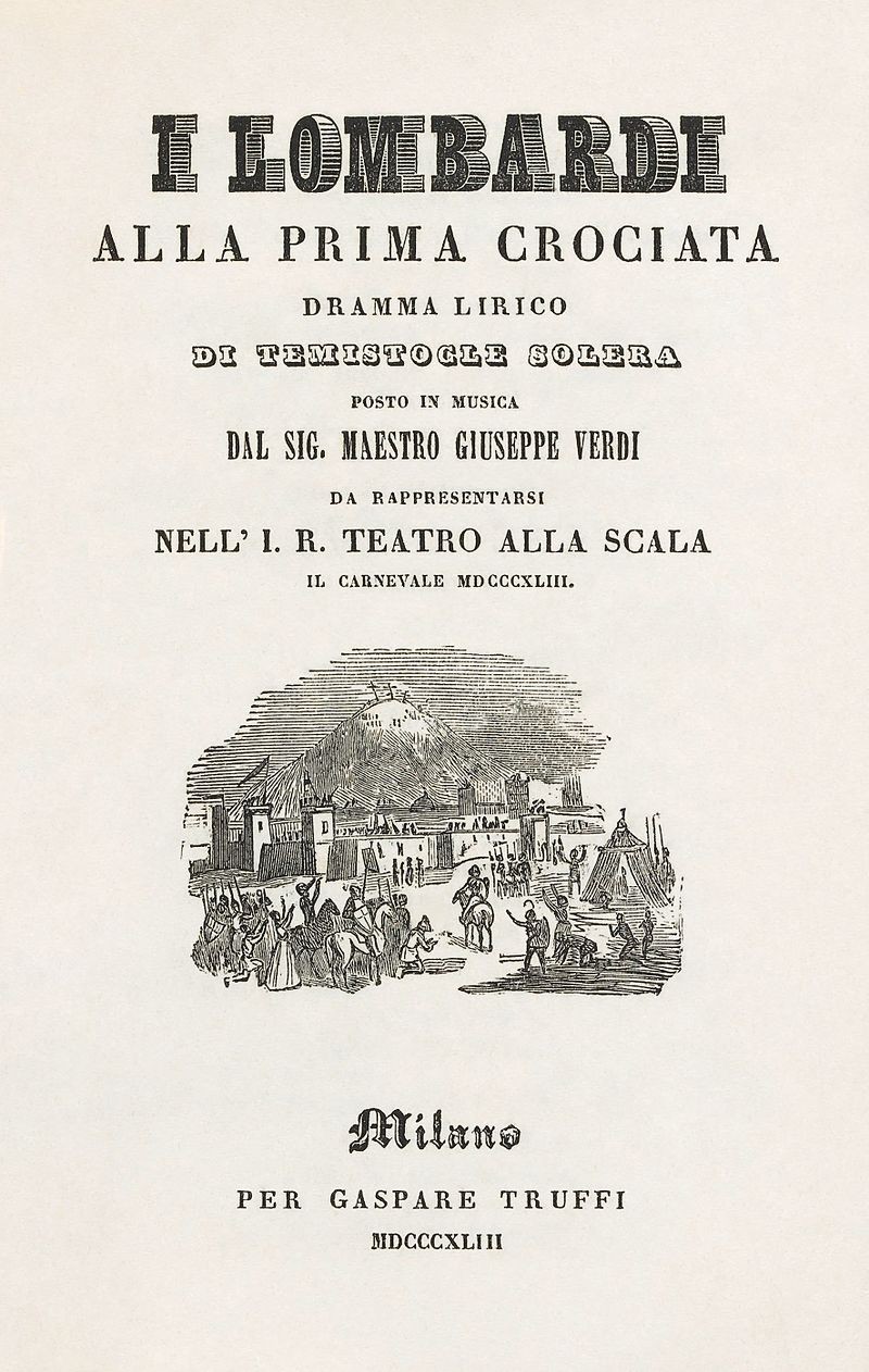 Title page of an 1843 libretto of Giuseppe Verdi's I Lombardi alla prima crociata. Very early edition, possibly first edition, dating to the time of the opera's première.